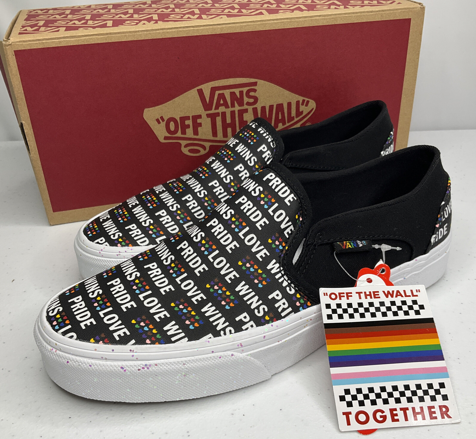 Vans Asher PRIDE Womens Size 7 Slip On Sneakers Glitter Skateboarding Shoes