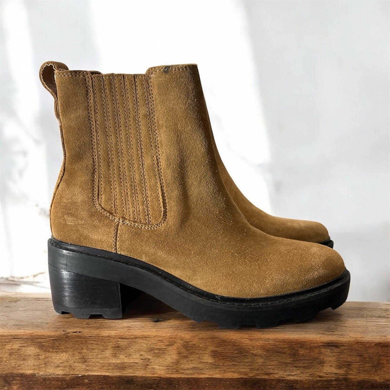 Madewell The Gwenda Platform Ankle Boots Womens Sz 8 Toffee Chunky Suede Leather