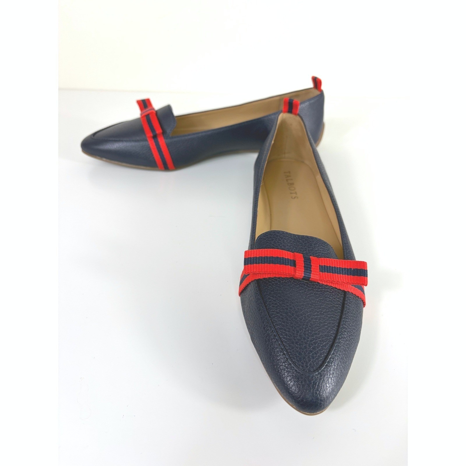Talbots Francesca Driving Moccasin Grosgrain Bow Navy Red Size 7.5 AA NWOT Prep