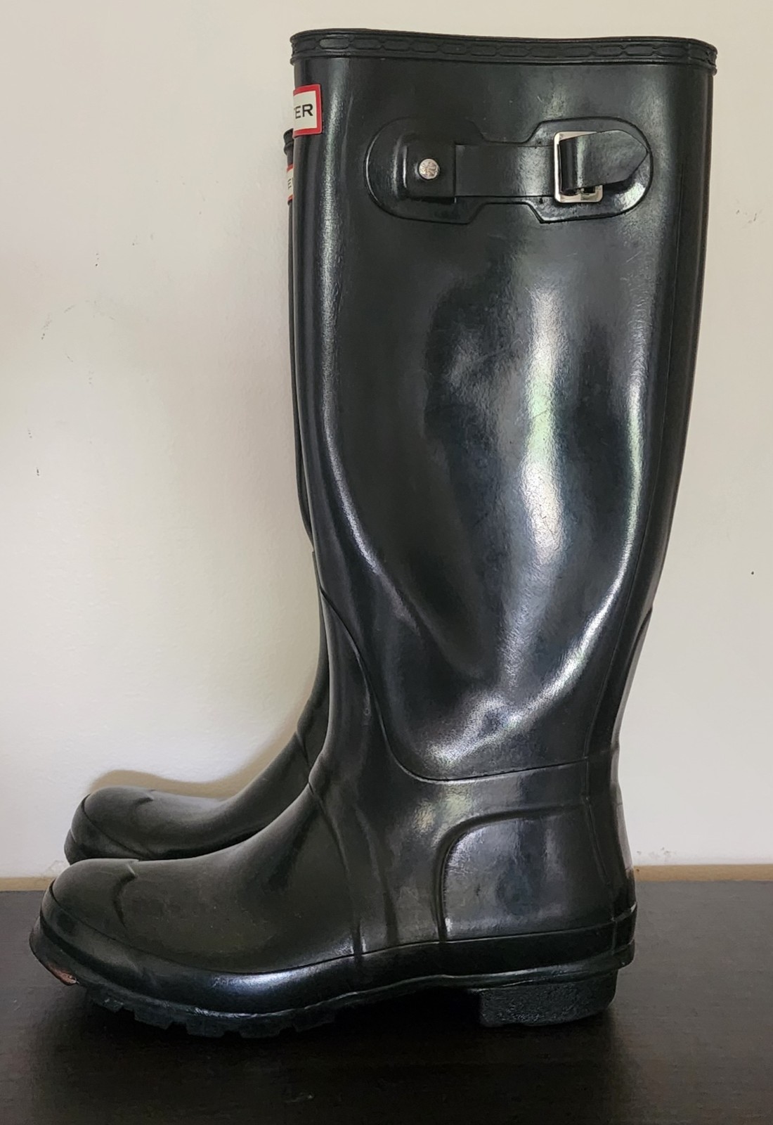 Hunter Tall Black Boots Womens Size 7 Glossy Black Rain Boots Fall Winter Spring
