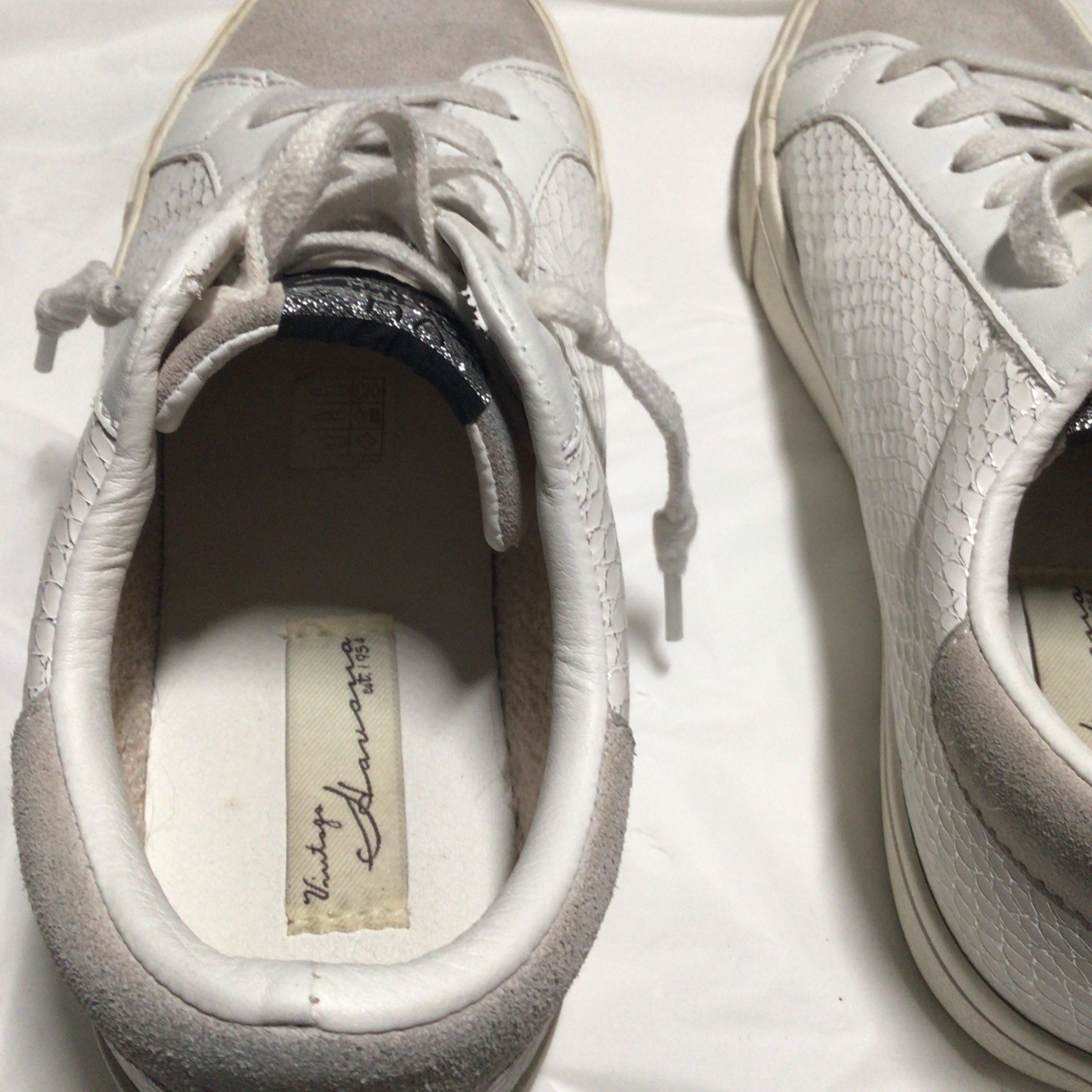 Womens Vintage Havana Silver Snake Sneaker with greige suede-like fabric size 10