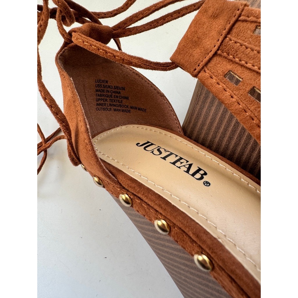 JUSTFAB Size 5.5 Wedge Sandals Brown Peep Toe Lace-Up Studded Platform
