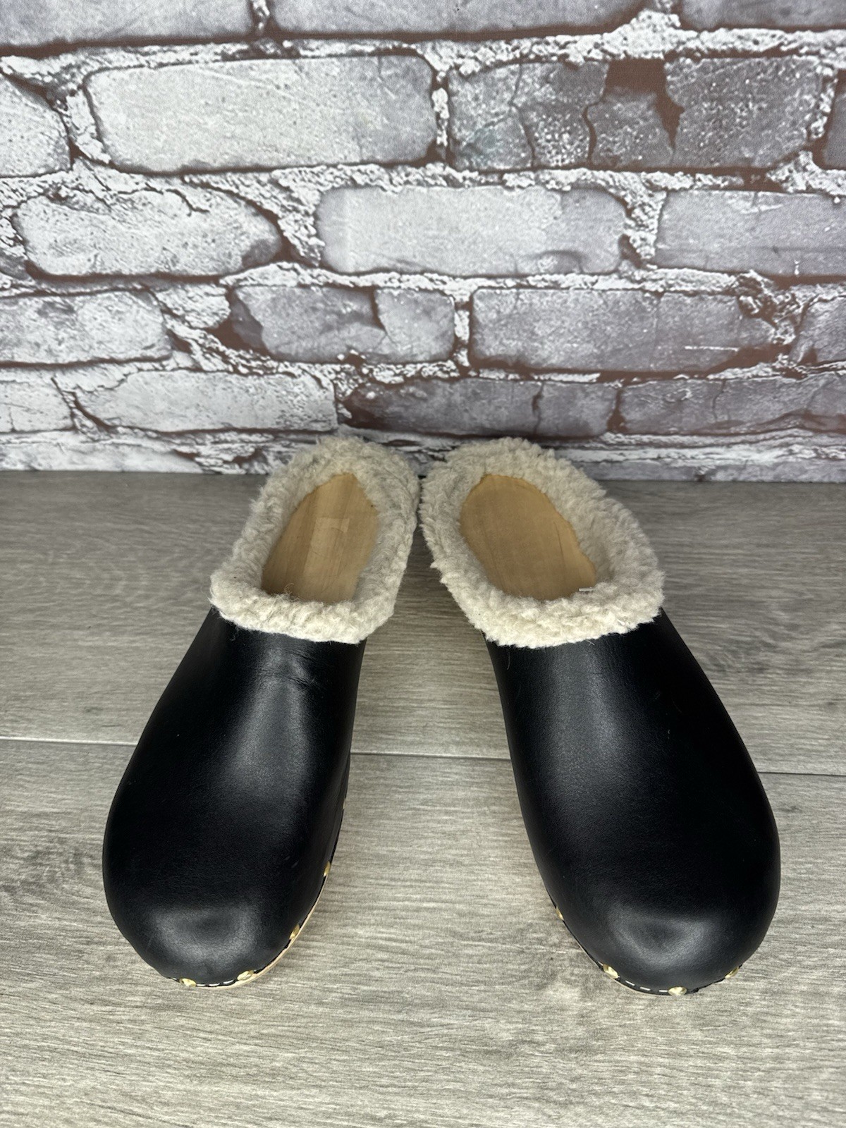 YouYou Sabot Wooden Black Leather French Clogs Slip On Fur Shoes Women 41EU/10.5