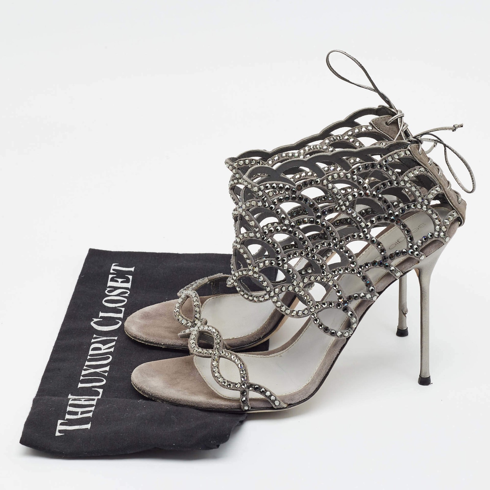 Sergio Rossi Size 39 Grey Suede Crystal Embellished Ankle Strap Sandals
