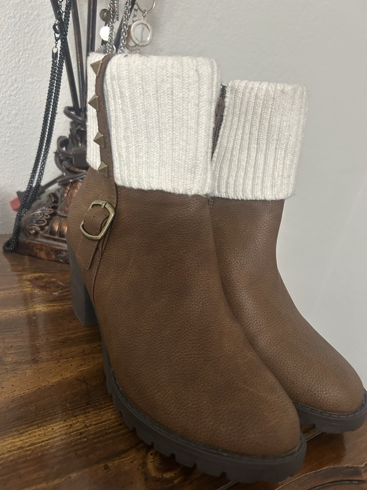 Secret Celebrity Brown Faux Leather Knit Ankle Bootie Zip Buckle Stud Cuff