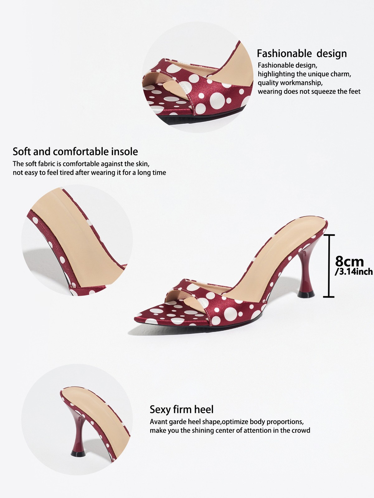 Women Sexy Leather Mid Heels Pointy Open Toe Polka Dot Sandals Shoes Slipper New