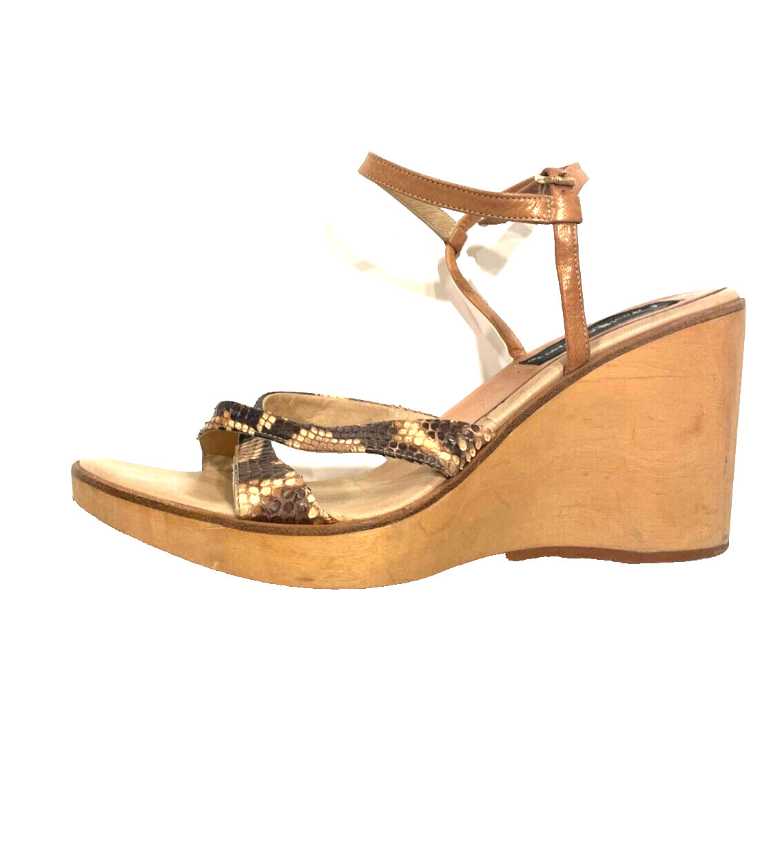 David Aaron brown beige wooden clog heel platform wedge 37 US 6.5 7