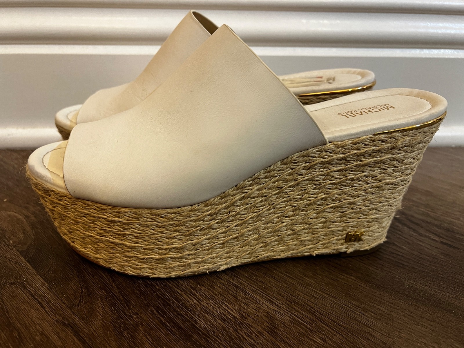 Michael Kors Cunningham Leather Wedge Sandals Cream Jute Platform Slip-On 8.5