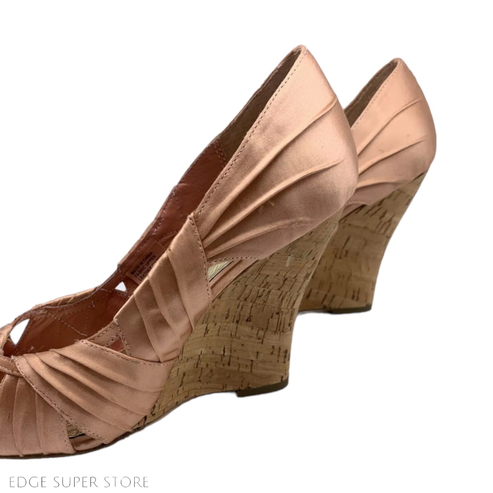 Bakers Light Salmon Satin Pink Wendie Coral Leather Cork Ruched Wedge Heel 8.5 B