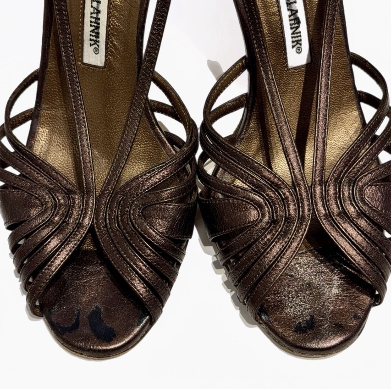 Manolo Blahnik Vintage Metallic Gunmetal Leather Strappy Slingback Heels 37.5