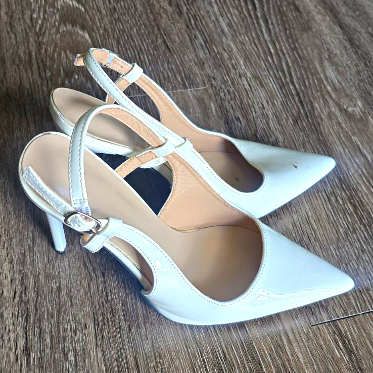 Women’s Patent Leather Slingback Heels Pointed Toe Ankle Strap White Size 8