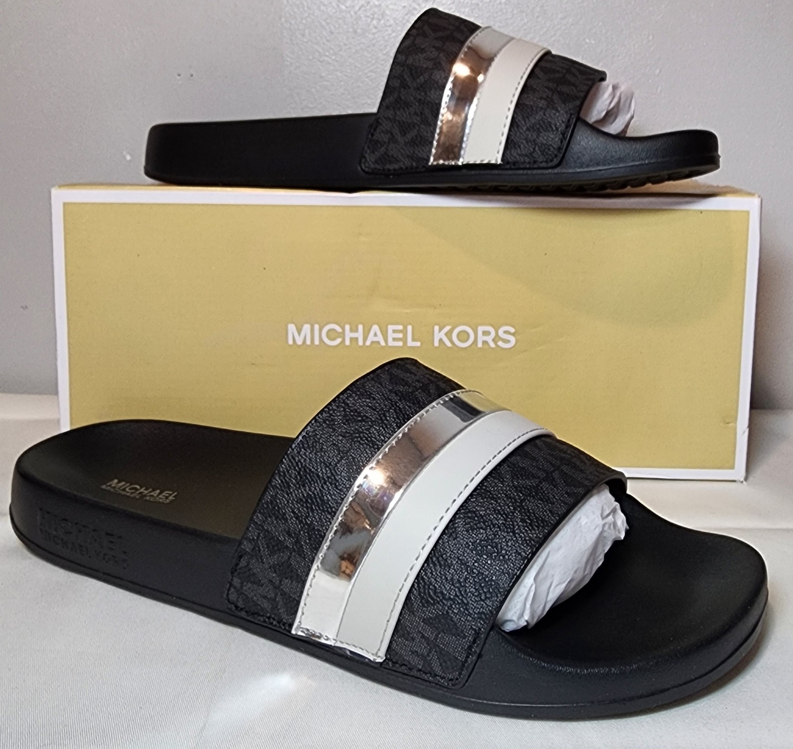NEW Michael Kors Striped MK LOGO Slide Brandy Sandals Women Size 10M Black