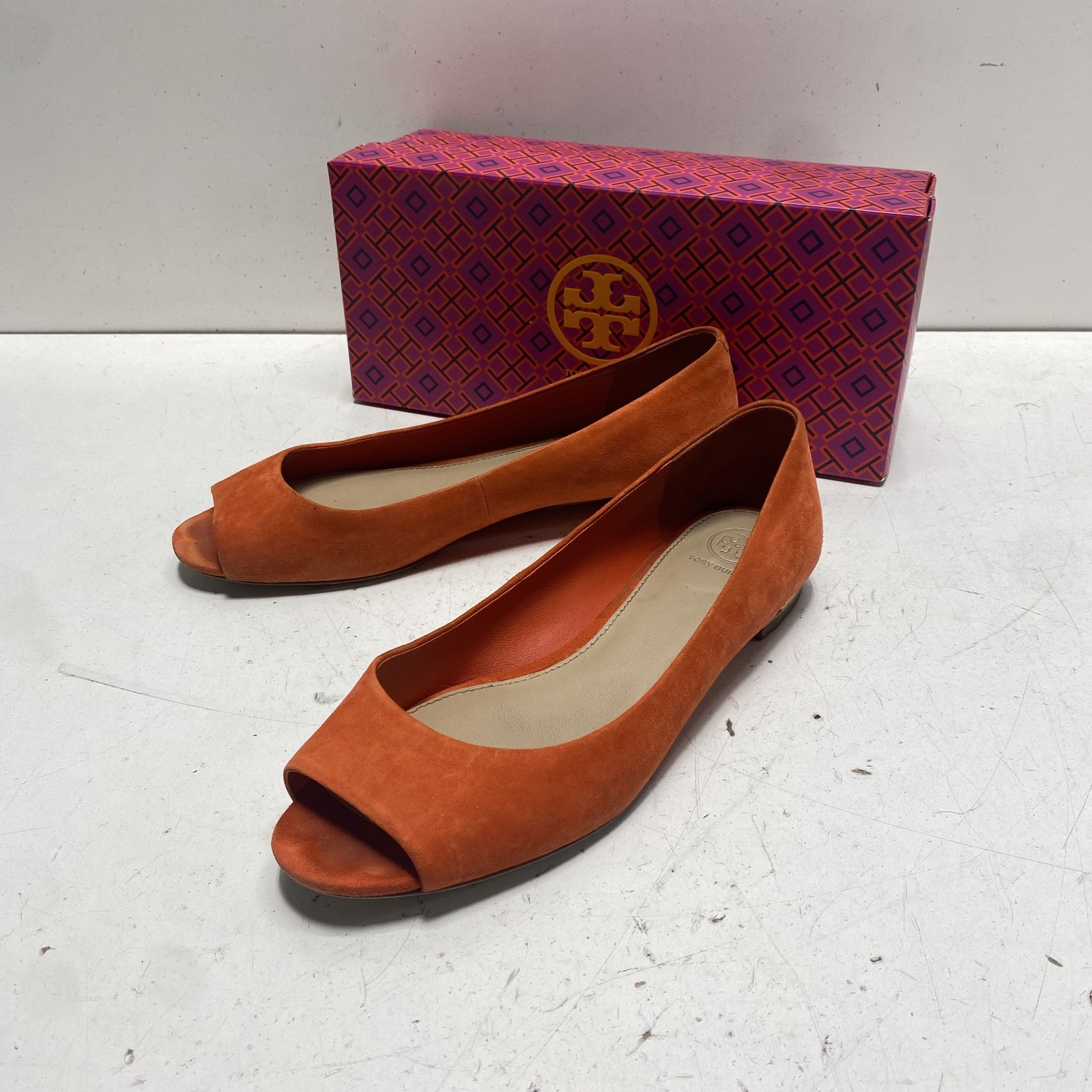 Tory Burch Sophie Orange Suede Peep Toe Flats Women’s Size 10M
