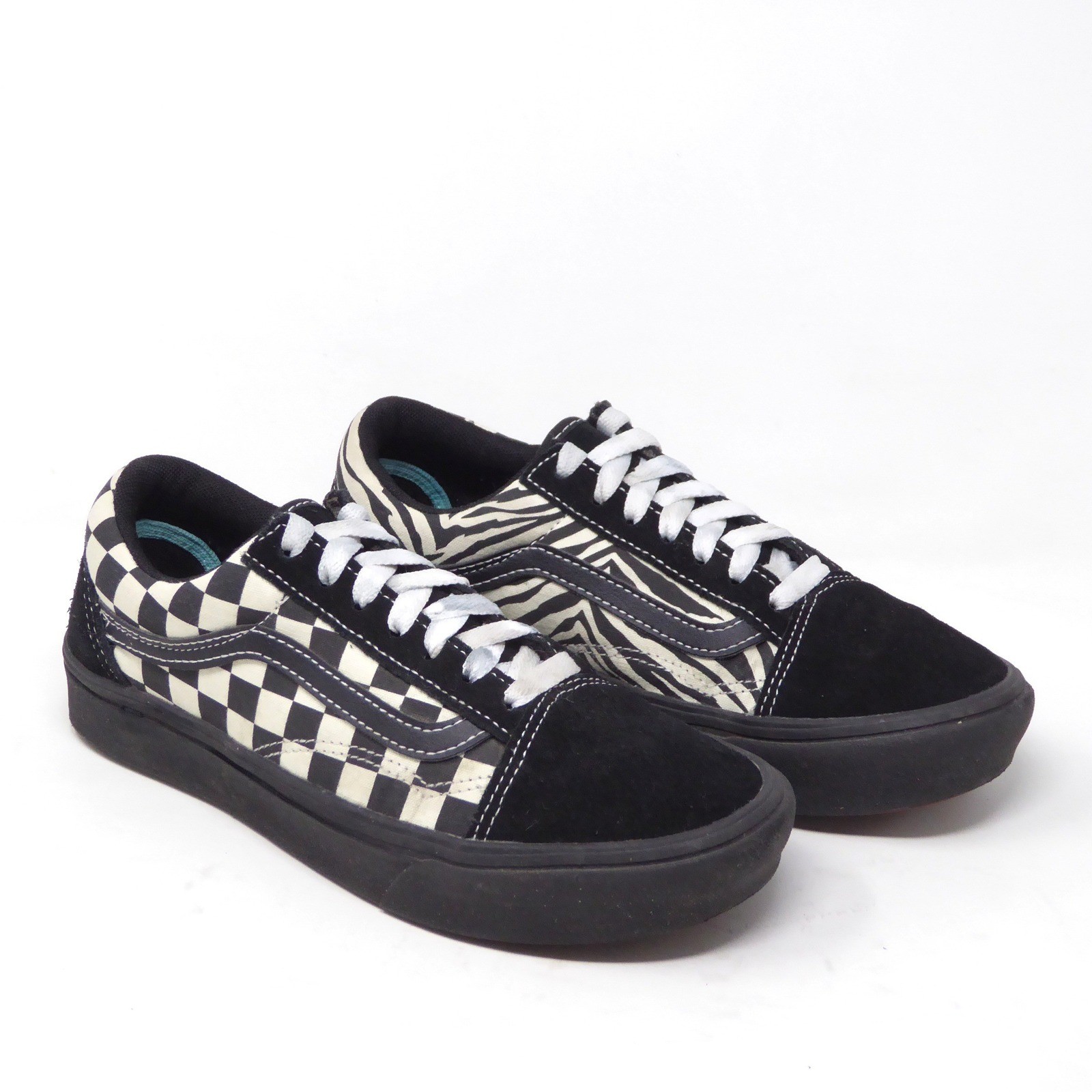 Vans ComfyCush Old Skool Mixed Media Sneakers Black Checkerboard Zebra Print 7.5