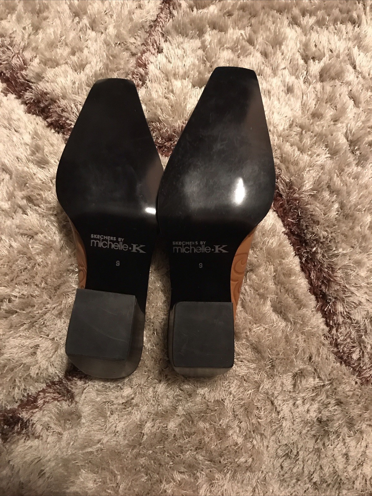 Michelle K Stamped Leather Healed Mules Square Toe Brown Size 9