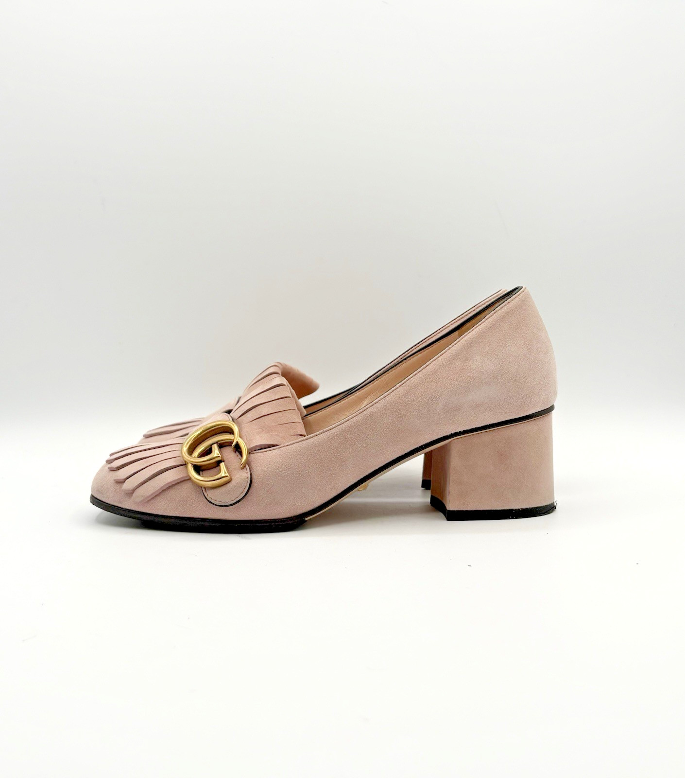 Gucci Pink Suede Fringe Marmont GG Logo Block Heel Low Heel Pumps Size EU 37