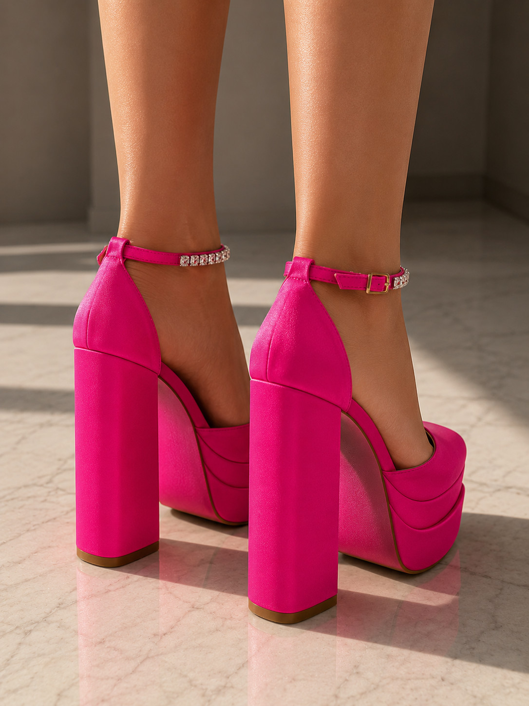 Women’s Hot Pink Platform High Heel Pumps Ankle Strap Size 6 New