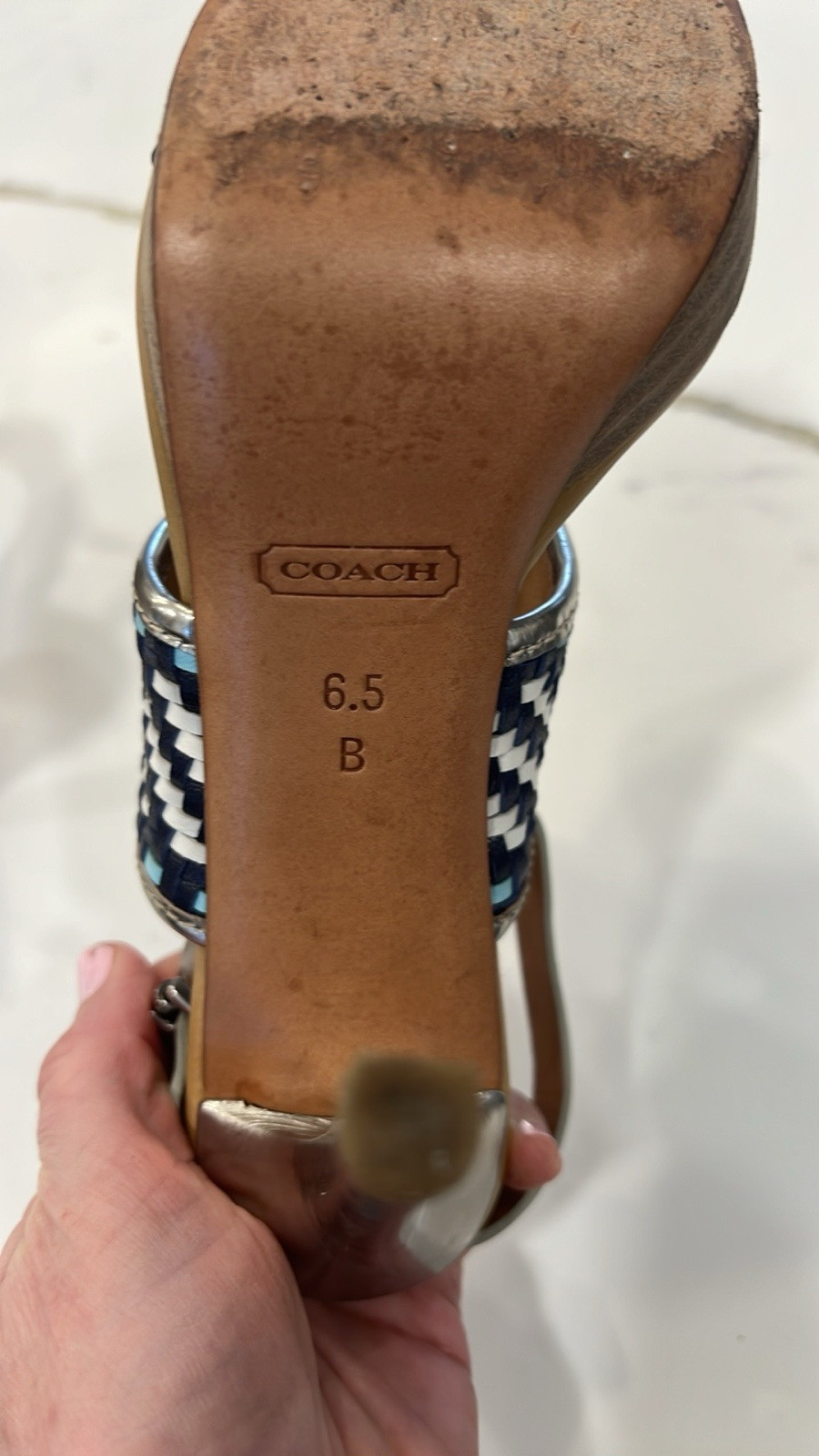 Coach Steffi Blue Tan And Silver Woven Sandals