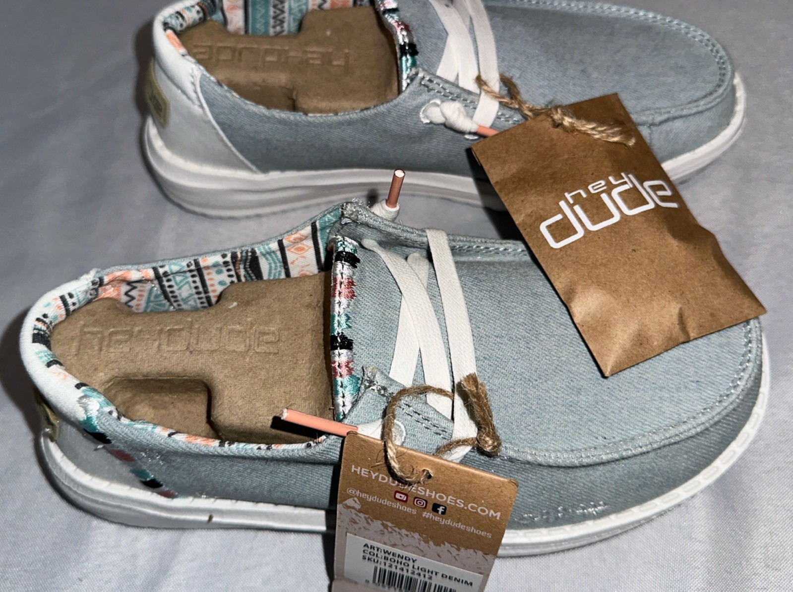 Hey Dude Size 5 Wendy Boho Light Denim Blue Moc Toe Lace-Up Casual Shoes.
