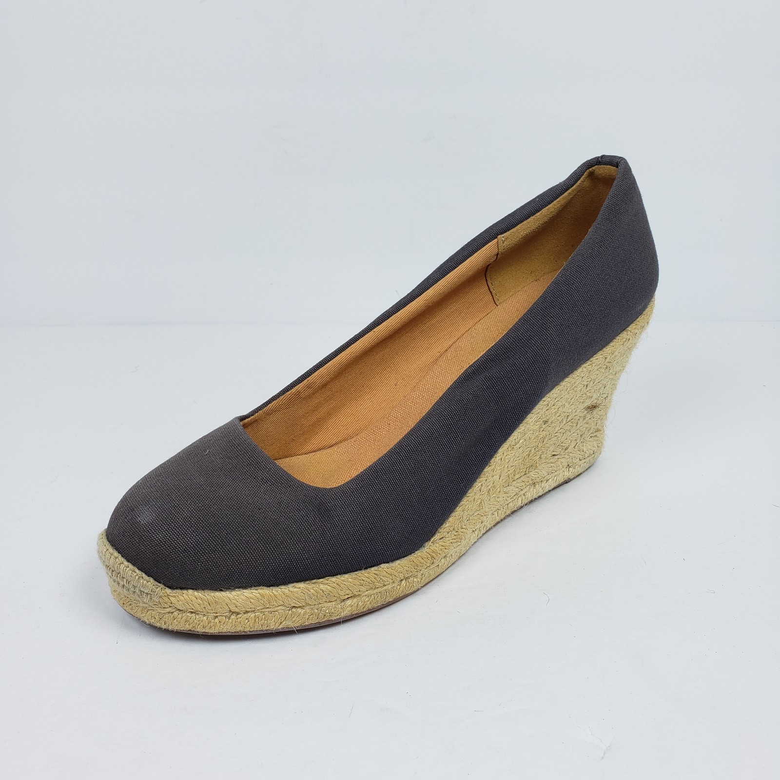 J Crew Womens Sz 7.5 Blue Canvas Slip On 3.25″ Heel Espadrille Wedge Pumps Shoes