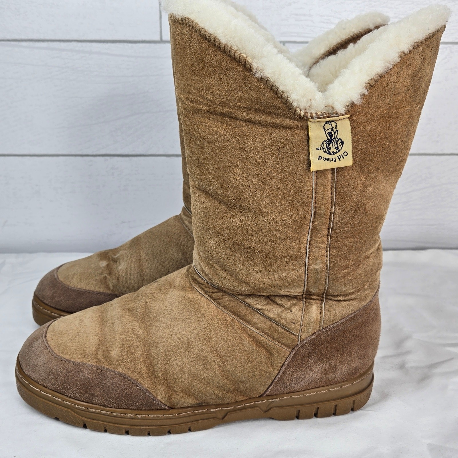 Old Friend Sheepskin Boots Tan Size 10 Suede Shearling Lined Mid Calf Winter