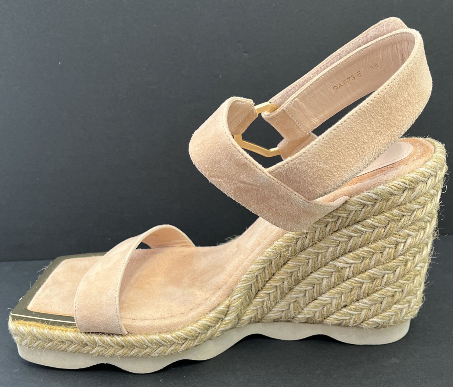 Good American Pale Pink Suede Gold Hardware Espadrille Wedge Sandals NEW Size 10