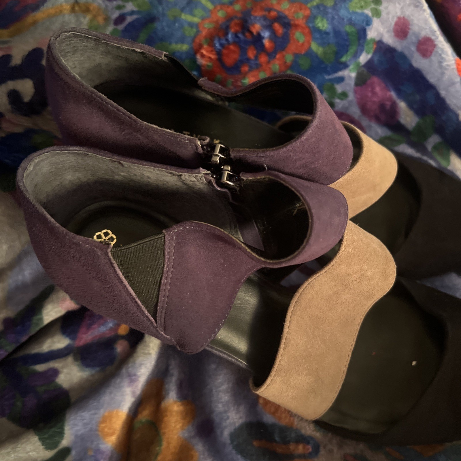Trina Turk High Heels – Suede Leather Straps Black Blue Tan Zip Size 9.5