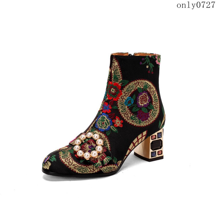 Women’s Ankle Boots Rhinestone Mid Chunky Heel Side Zip Embroidered Shoes Hot