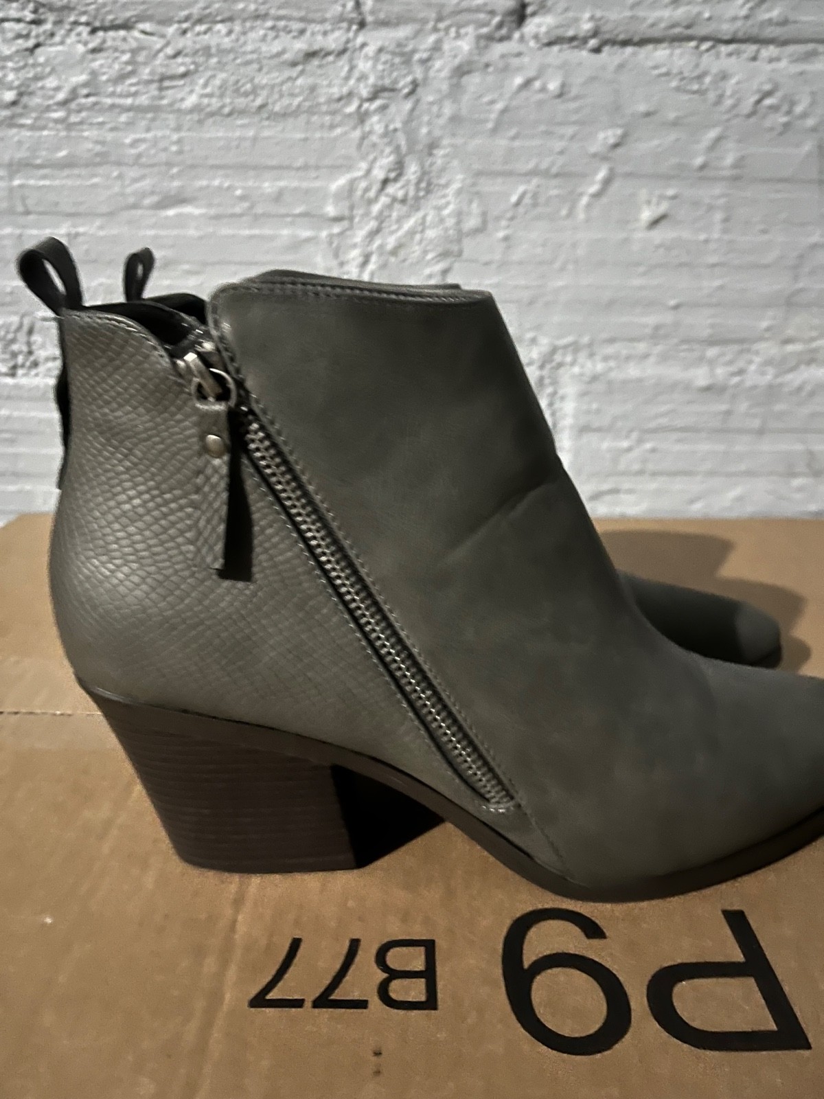 JustFab Carlee side zip heeled ankle bootie, grey faux suede
