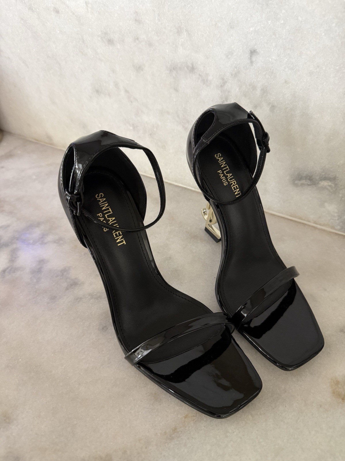 Saint Laurent Black Patent Leather Strappy Square Toe Buckle Heels EU 38