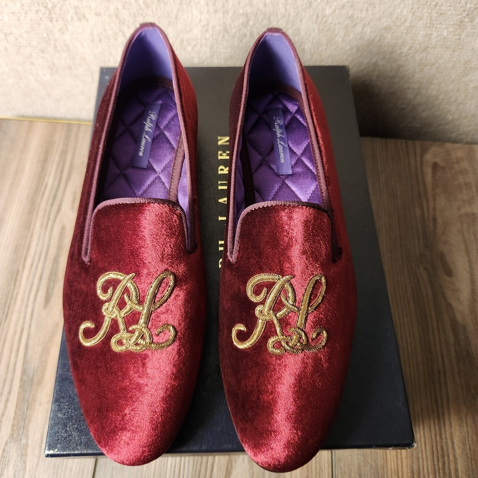 NEW Ralph Lauren Alonzo Velvet Loafers Crimson, Monogram Flats Purple S7.5