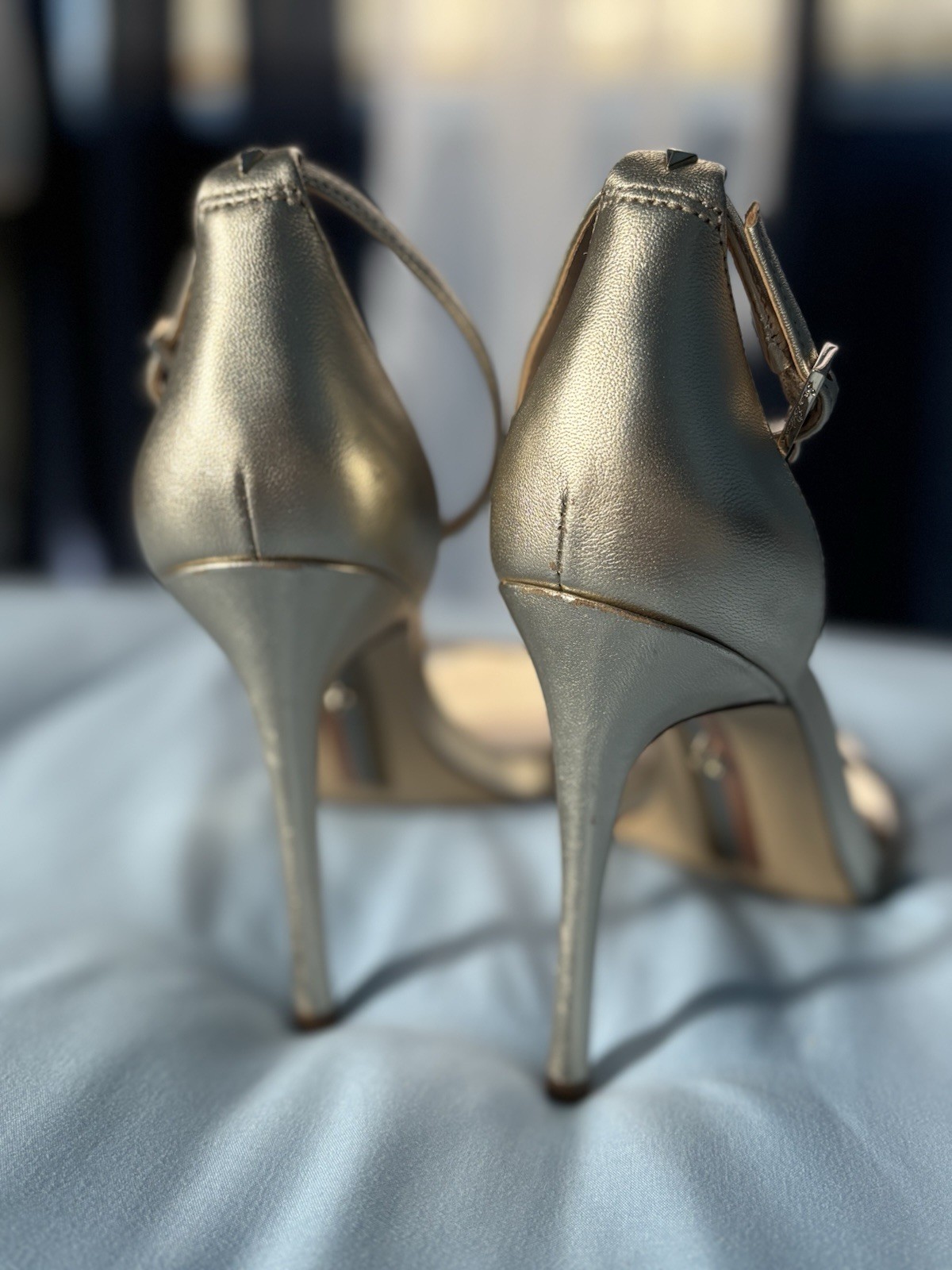 Sam Edelman Ariella Gold Leather Open Toe Stiletto Ankle Strap Heels US 7