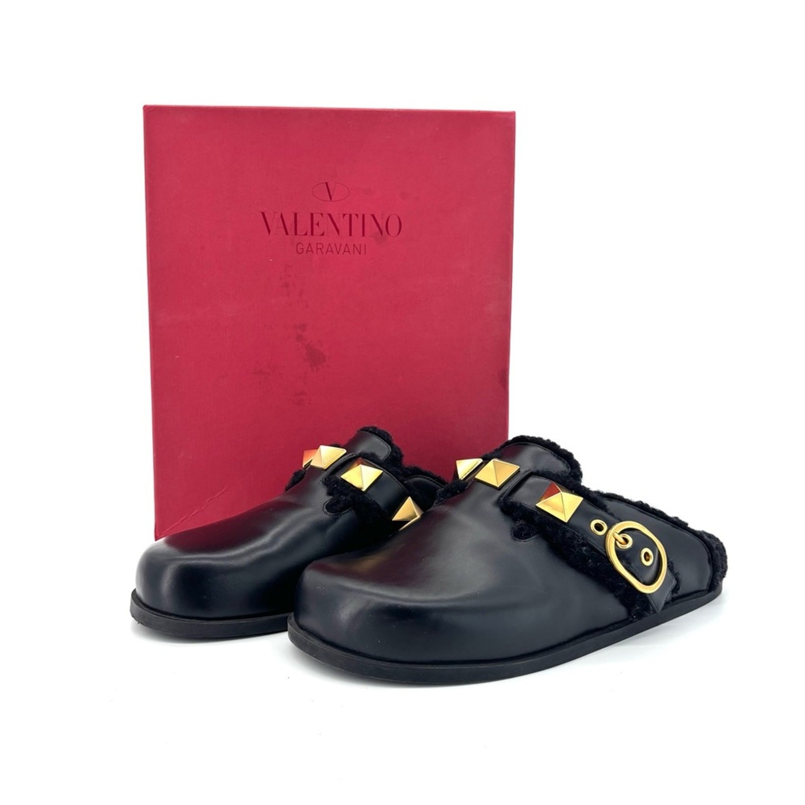 Valentino Garavani Roman Stud Shearling Lined Sabot Slip On Mules Slides 38
