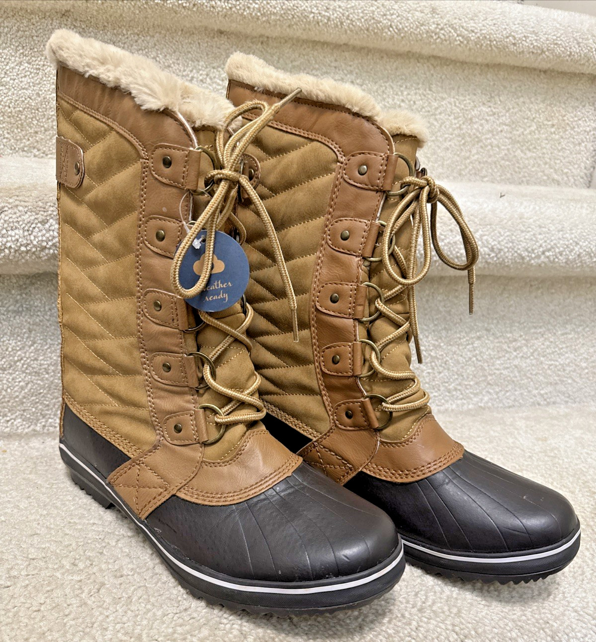 JBU Lorna Duck Boots Quilted Lace Up Winter Boots Sz 9 NEW Tan Brown