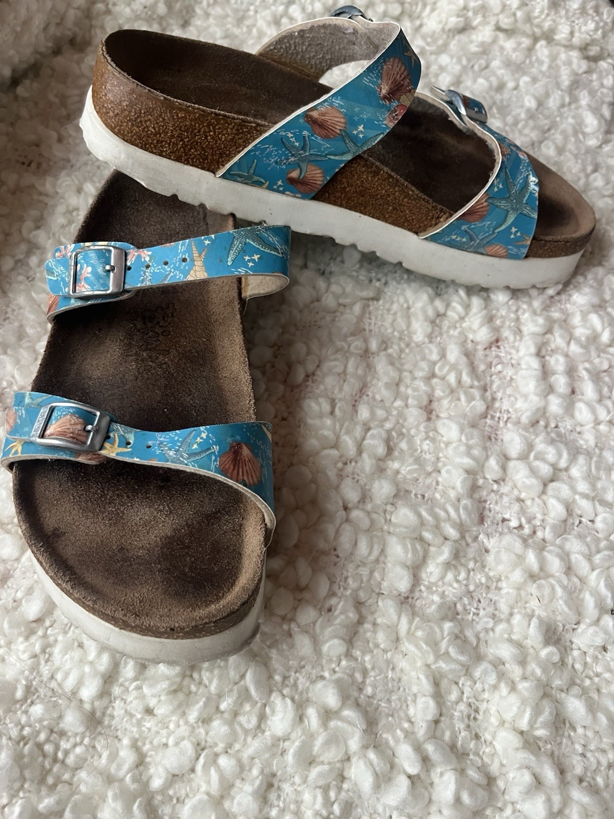 Birkenstock Blue Floral Starfish Two-Strap Buckle Slide Sandals US W 7-7.5