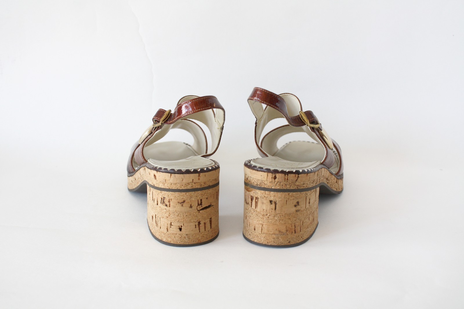 1960s Brown Open Toe Shoes with Gold Accents Block Heel and Cork Sole