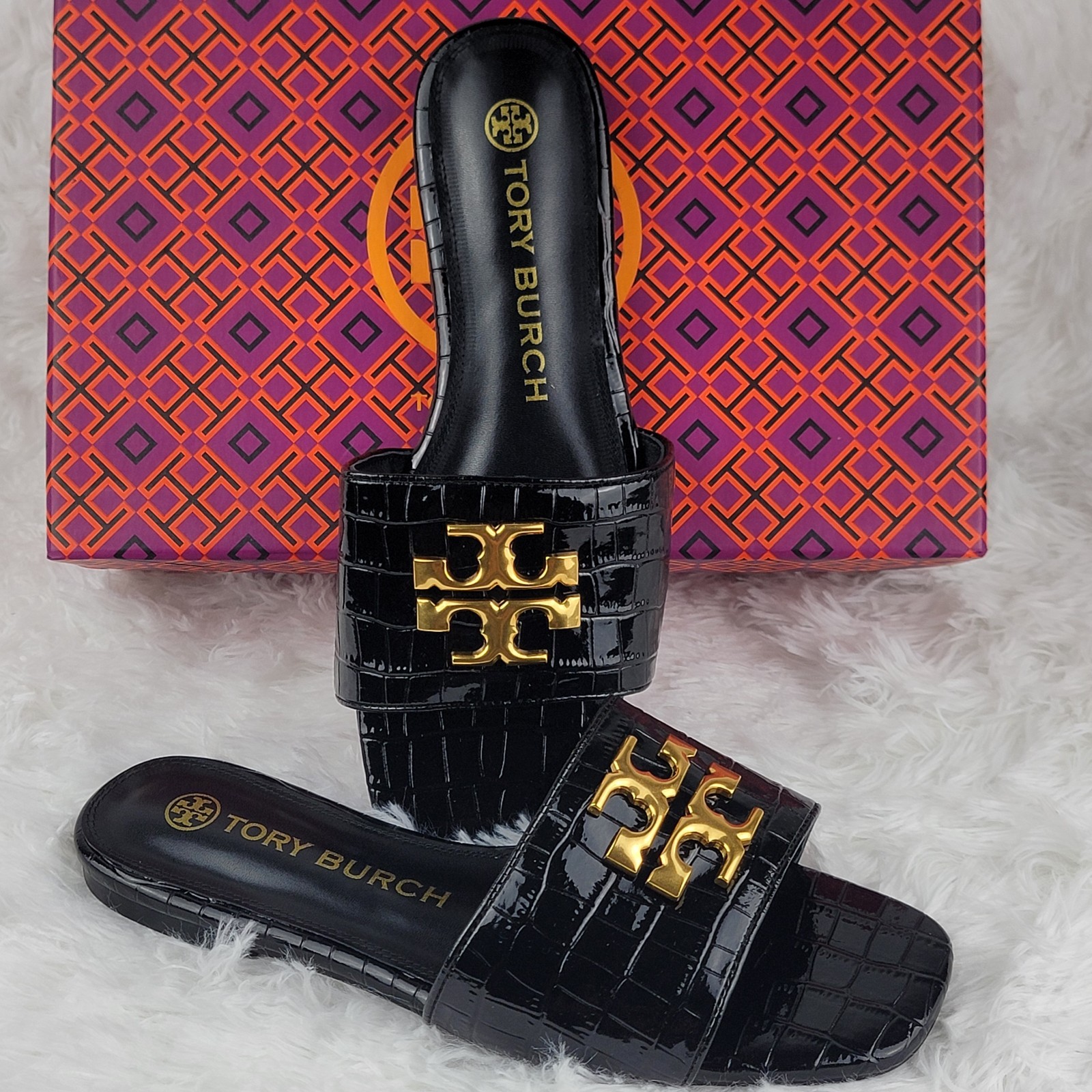 Tory Burch Eleanor Size 8 39 Sandals Black Leather Croc Gold Logo Slides New Box