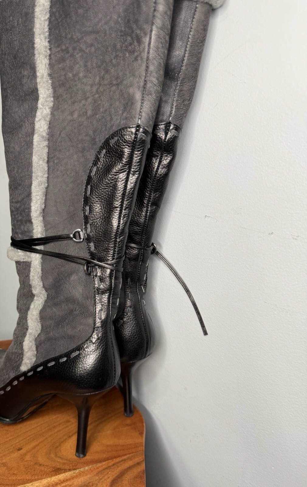 Michelle K High Heel Tall Leather Boots Black Gray Size 8