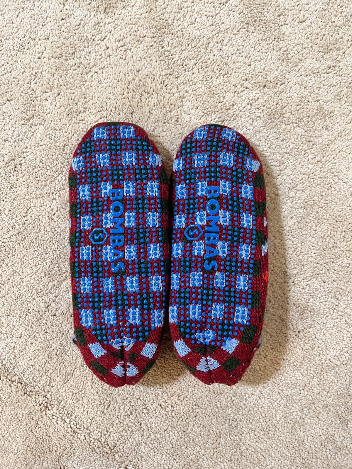 Bombas Sherpa Lined Gripper Bootie Red Blue Slipper Women Med (US W 9-11.5)*READ