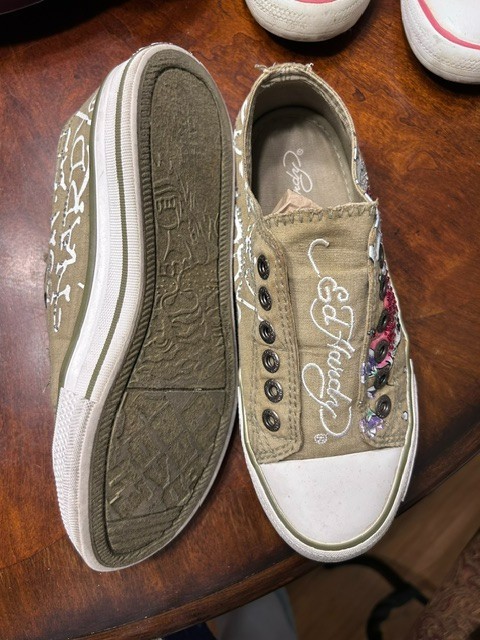 Vintage Ed Hardy Tan/Green Koi Fish Slip On Sneakers Tattoo Art Y2K Size 5