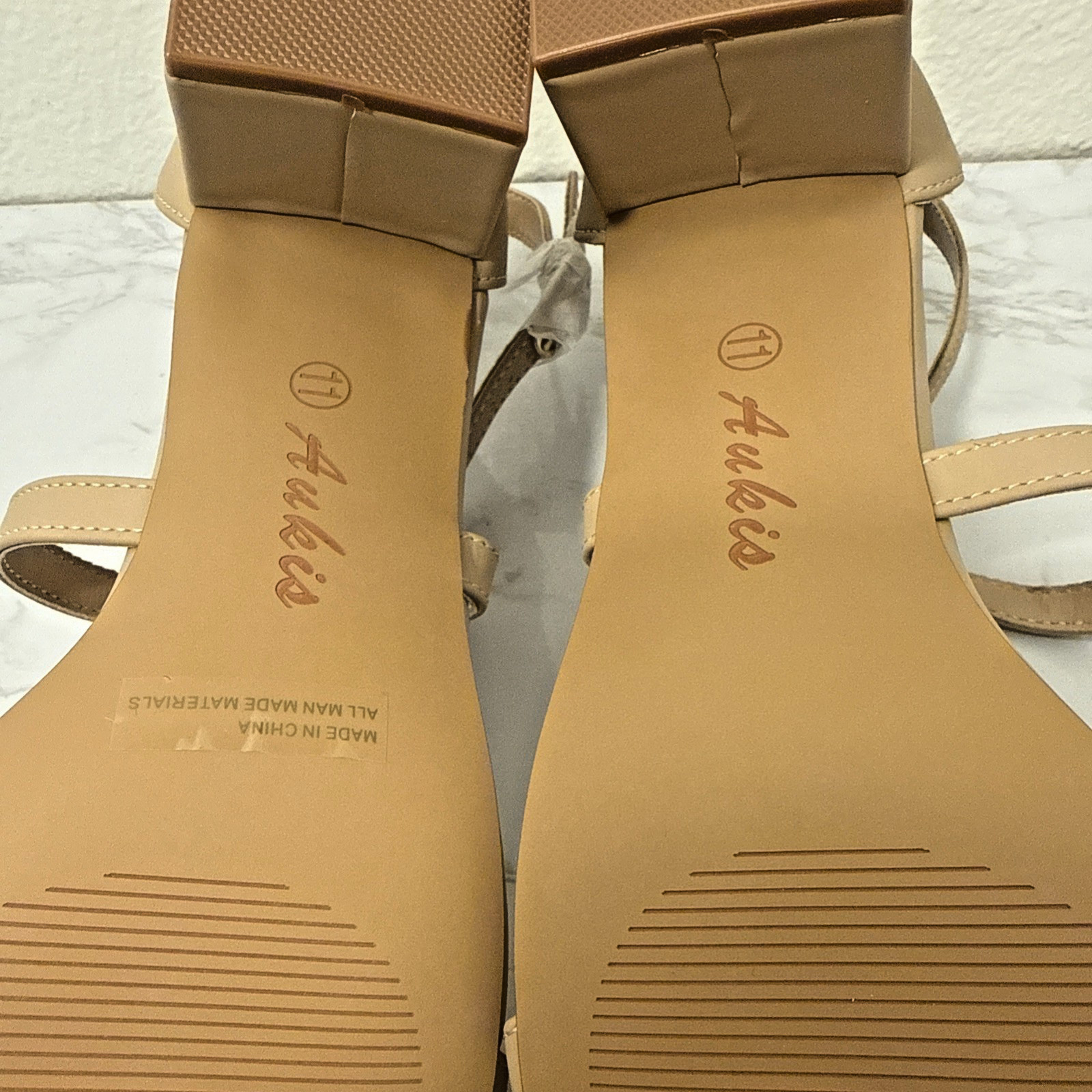 Ankis Size 11 Nude Nubuck Strappy Block Heel Sandals 2.25in Open Toe Buckle