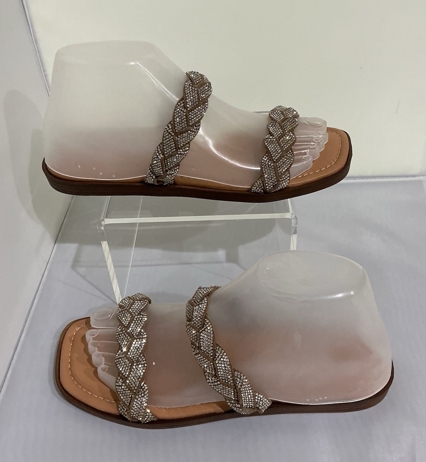 Mariella Made in Italy Women’s Rhinestone Braided Slide Sandals Taupe Bronze 7.5