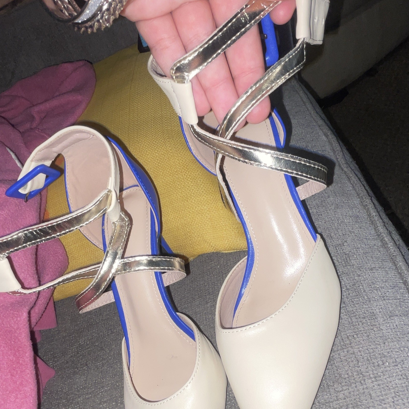 Women’s Beige Blue Silver Strappy Ankle Strap Buckle Pointed Toe Heels 8