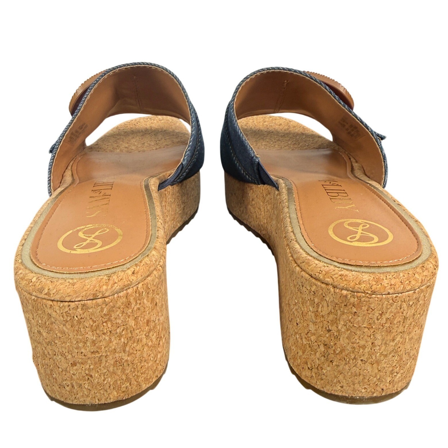 Sam & Libby Denim Cork Platform Wedge Slide Sandals Blue Buckle Size 8.5