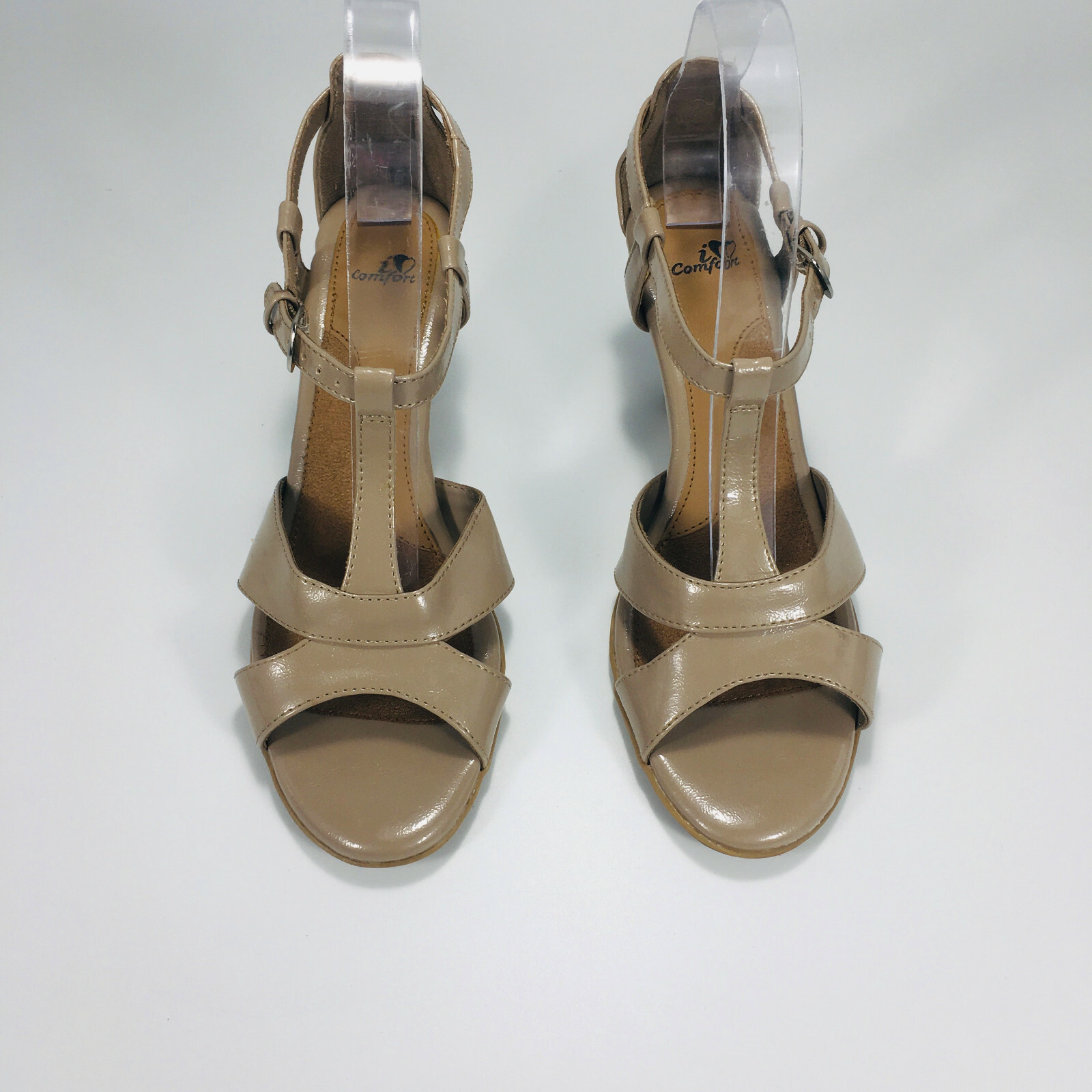 I Heart Comfort Open Toe Ankle Buckle Strap Amity Heels Women’s Taupe SZ 9 M