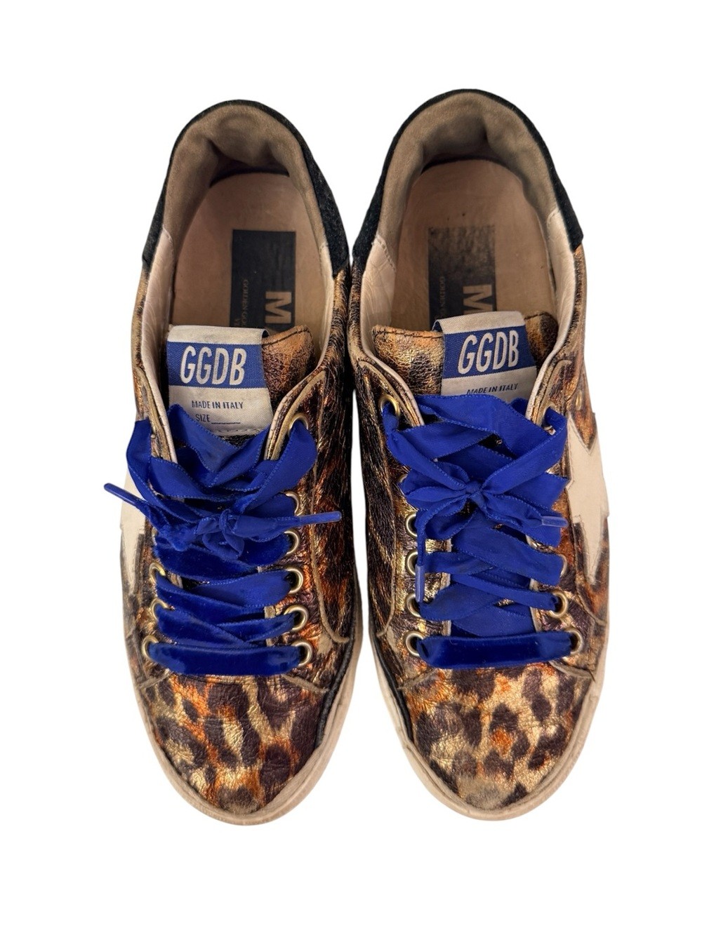 Golden Goose Deluxe Brand Leopard Sneakers with Royal Blue Laces 37