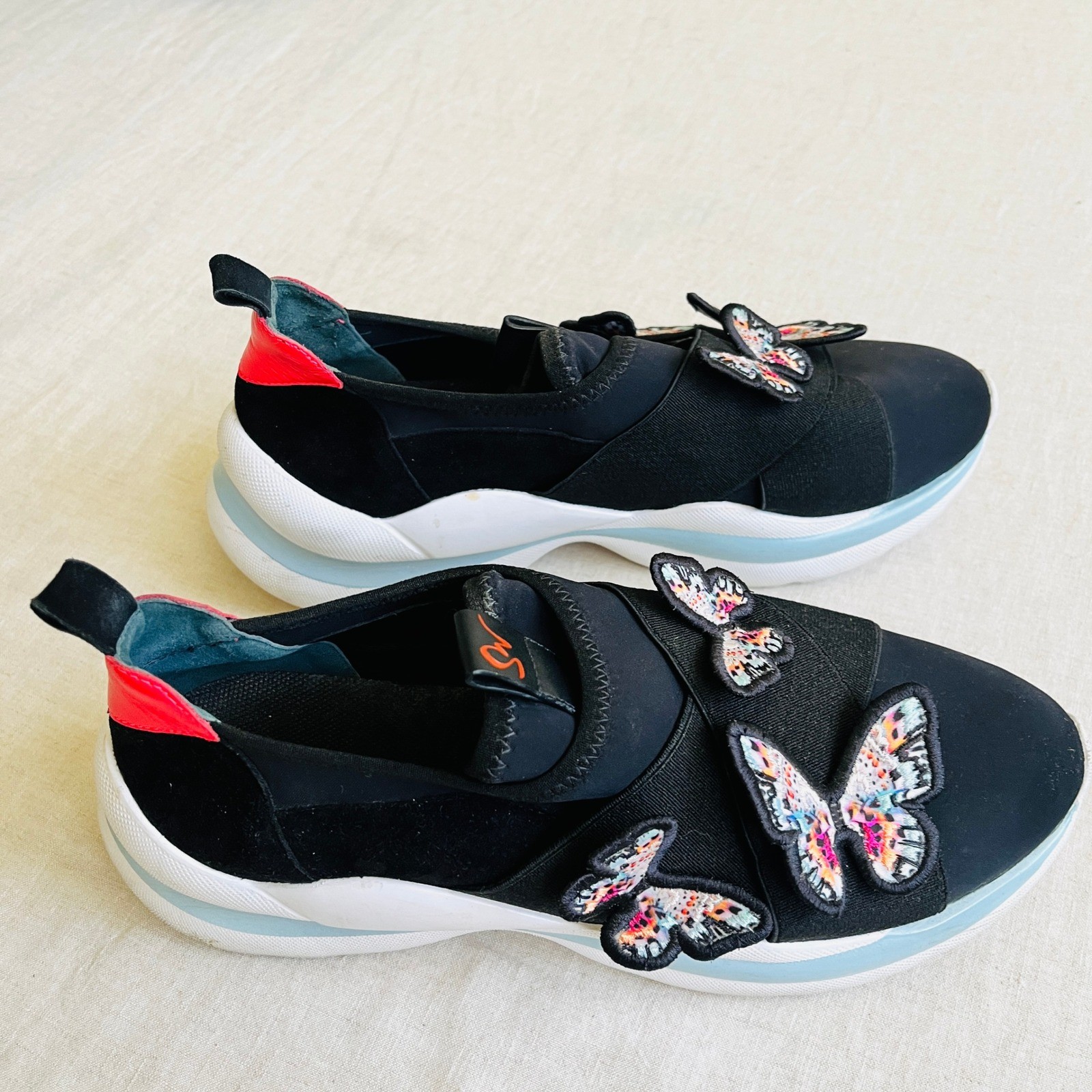 Sophia Webster Riva Embroidered Butterfly Sneakers Black Suede Neon Size 40