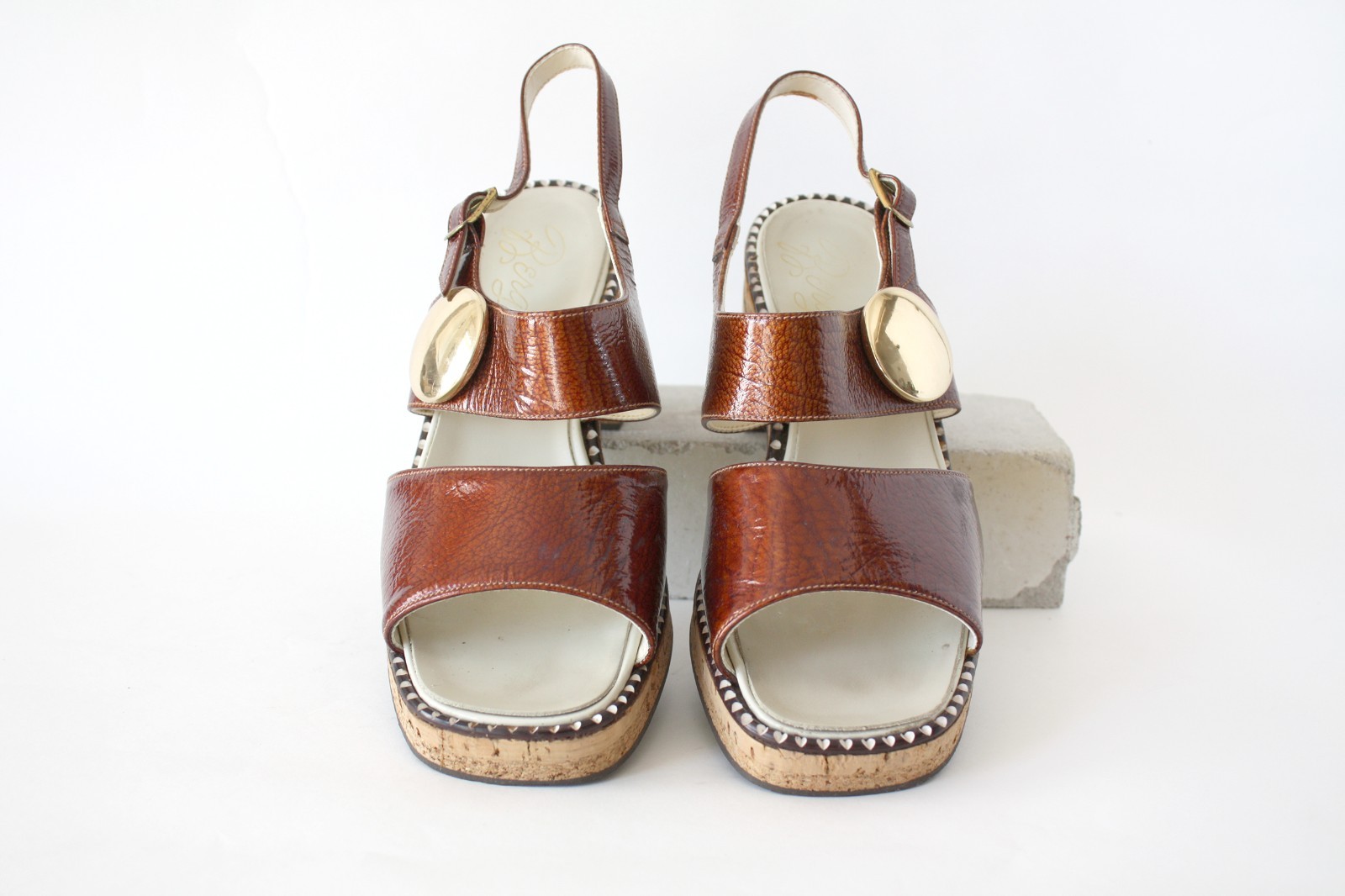 1960s Brown Open Toe Shoes with Gold Accents Block Heel and Cork Sole