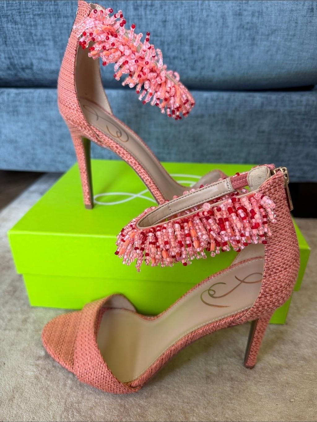 Sam Edelman Gillie Gladiator Coral Beaded Ankle-Strap Heels