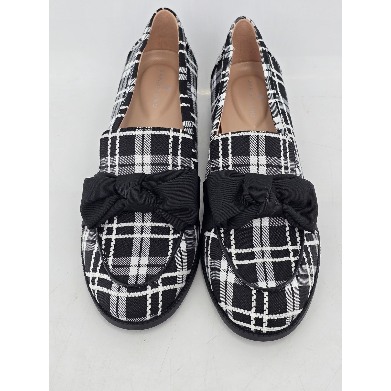 Bandolino Lindio Loafers Womens 9M Black White Plaid Bow Slip On Shoes -VGF